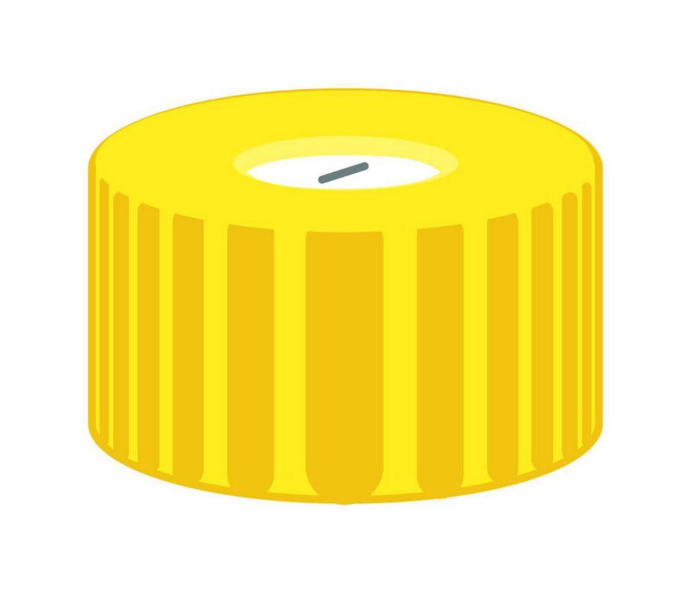 Screw caps N 9, yellow PP, hole, silocone white/PTFE blue, slit, septa thickness 1.0 mm, pack of 100